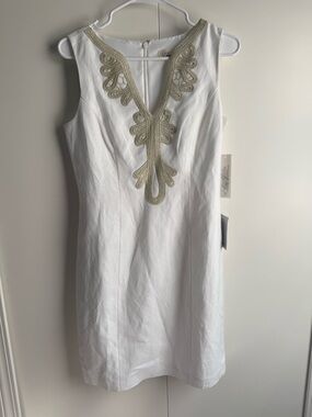 Eliza J White V-Neck Sheath Dress with Gold Embroidery